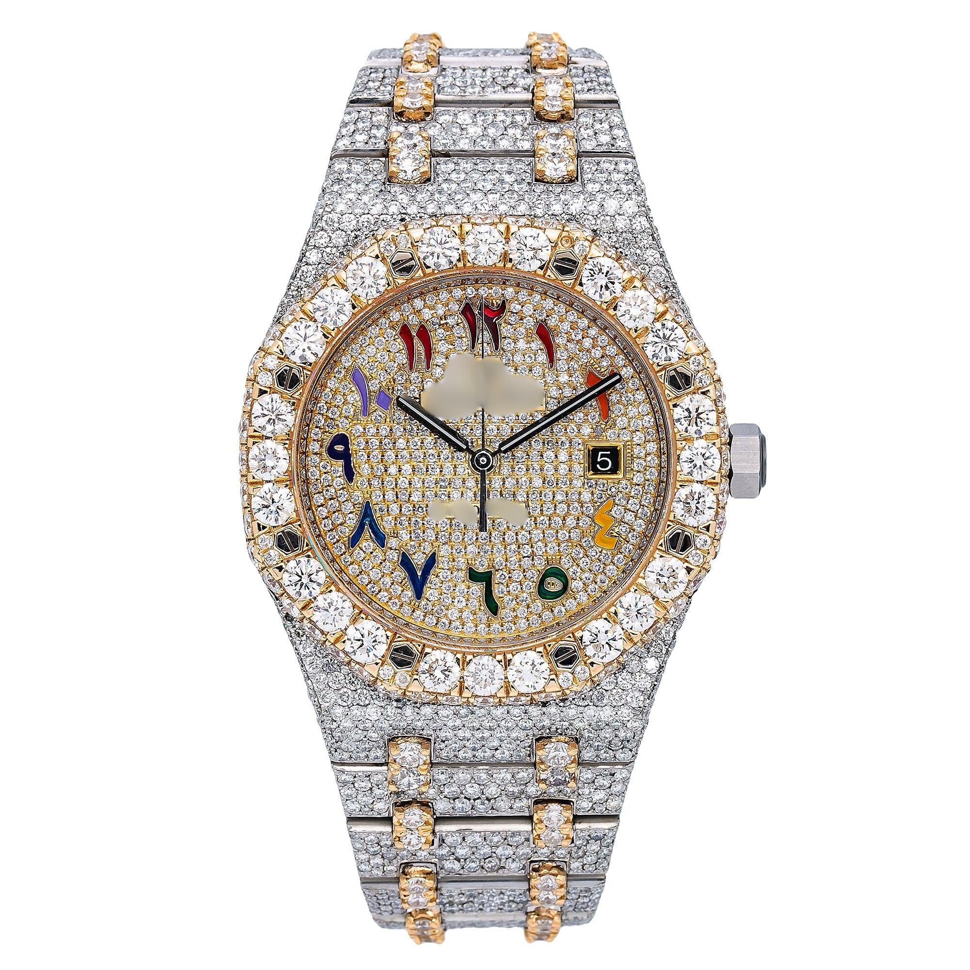 Real Drip Moissanite Watch 41MM Yellow Gold Diamond Dial With Two Tone Bracelet