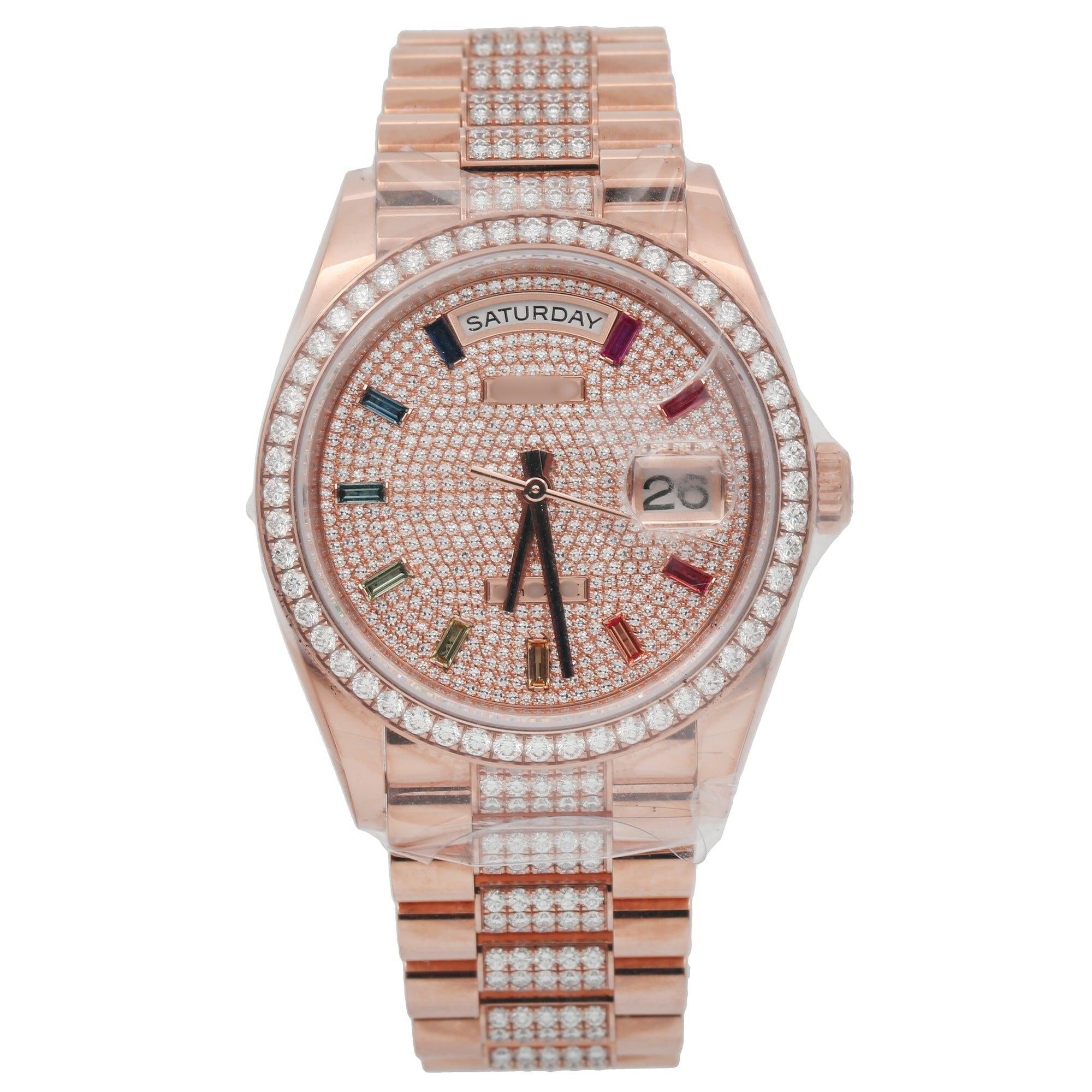 Custom Engraved Moissanite Watch 36MM Rose Gold Diamond Dial With Diamond Presidential Bracelet