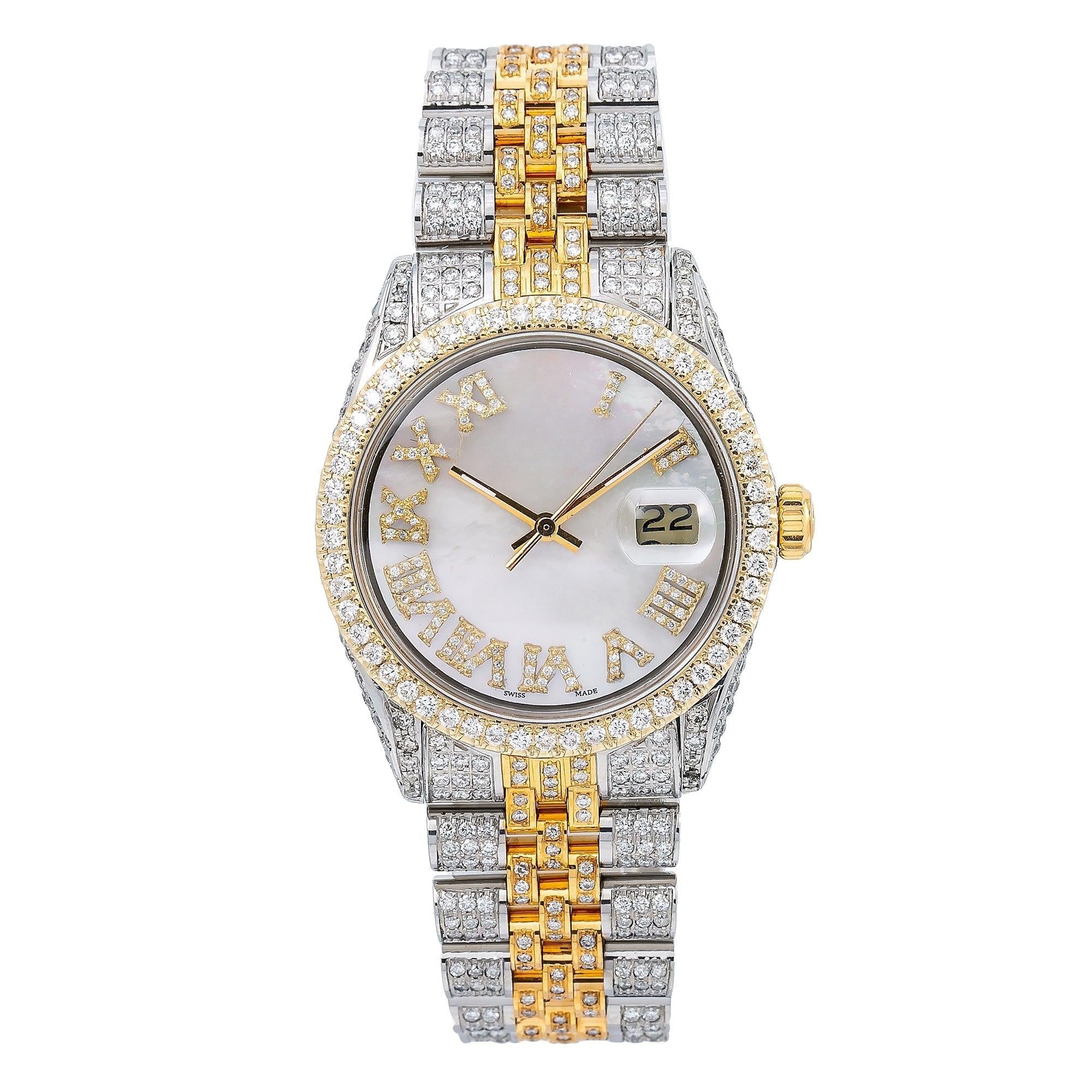 Gold Fire Moissanite Watch 36MM White Mother of Pearl Diamond Dial With 8.25 CT Diamonds