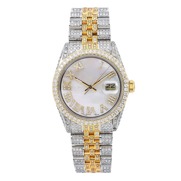 Gold Fire Moissanite Watch 36MM White Mother of Pearl Diamond Dial With 8.25 CT Diamonds