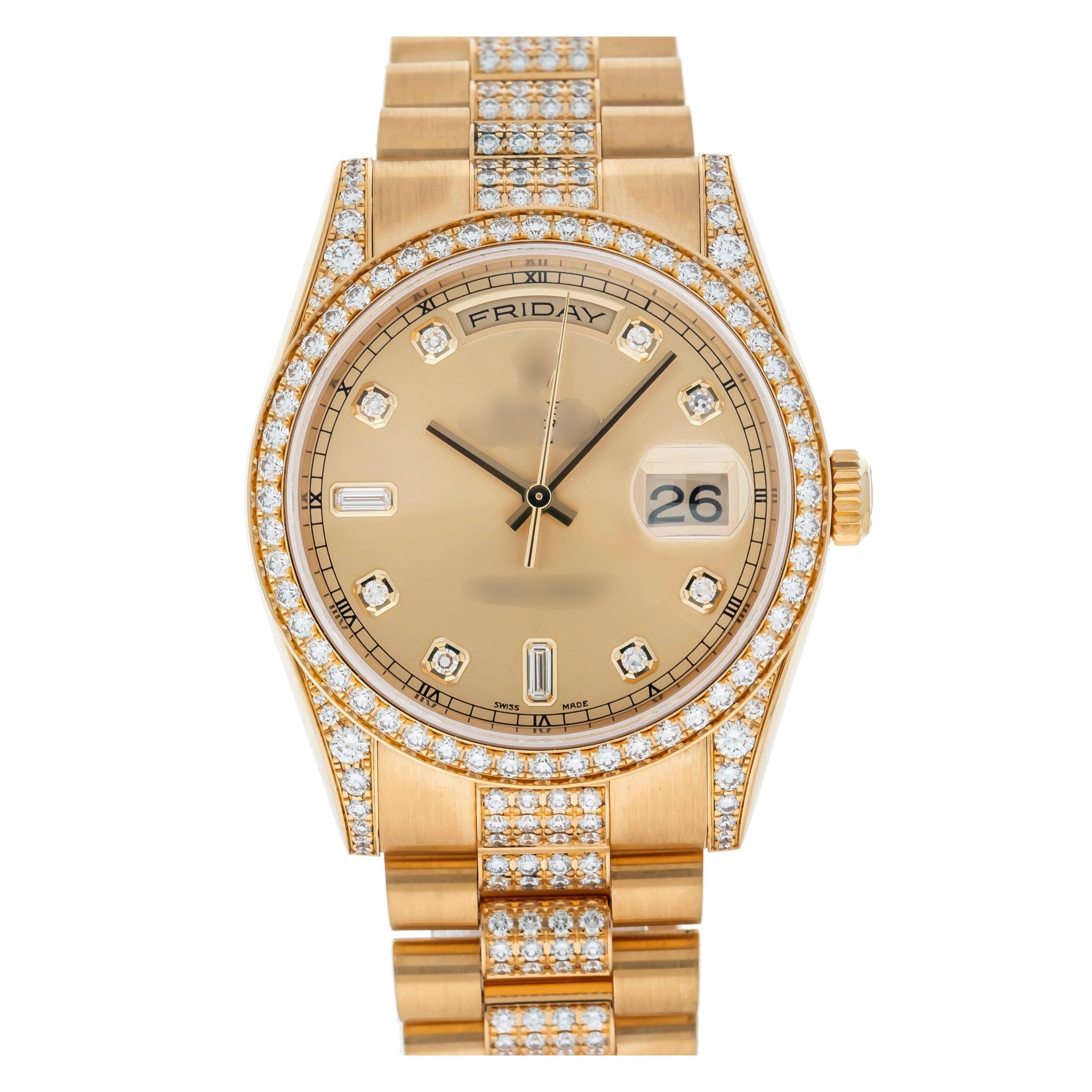 Moissanite Classic Round Watch 36MM Champagne Diamond Dial With Diamond Presidential Bracelet