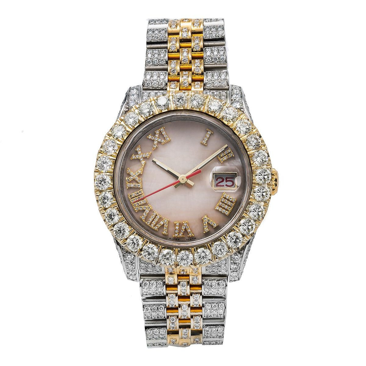 Precision Shine Watch 36mm Light Pink Mother Of Pearl Roman Numeral Dial With 13.75CT Diamonds Watch