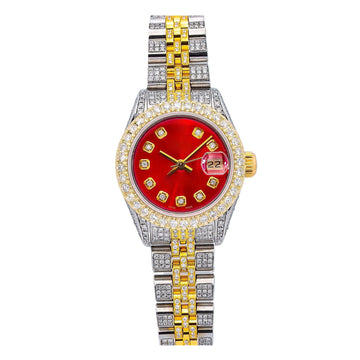 Day & Night Moissanite Watch 26MM Red Diamond Dial With Two Tone Custom Diamond Bracelet