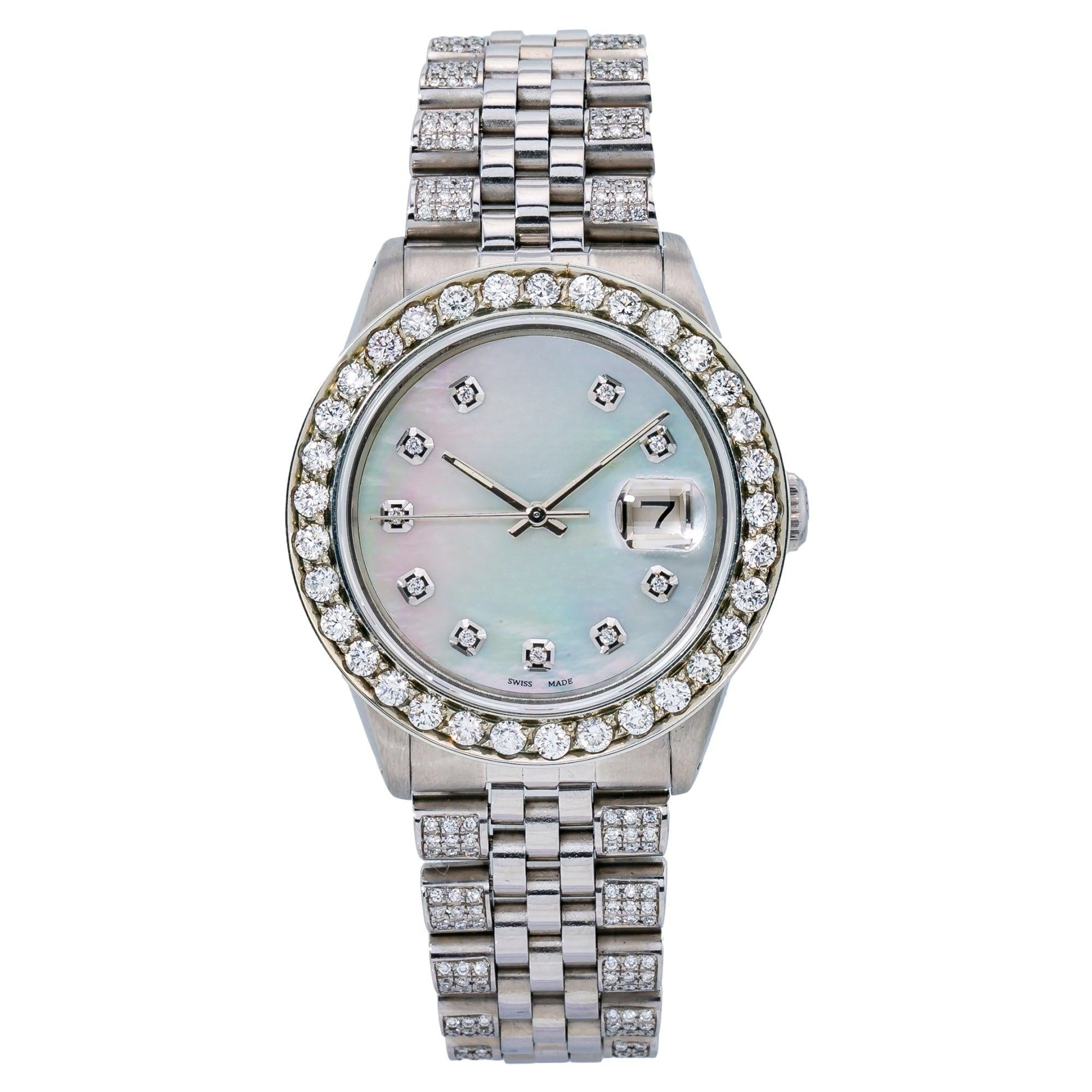 Fully Paved Moissanite Watch 36MM White Mother of Pearl Diamond Dial With Stainless Steel Jubilee Bracelet