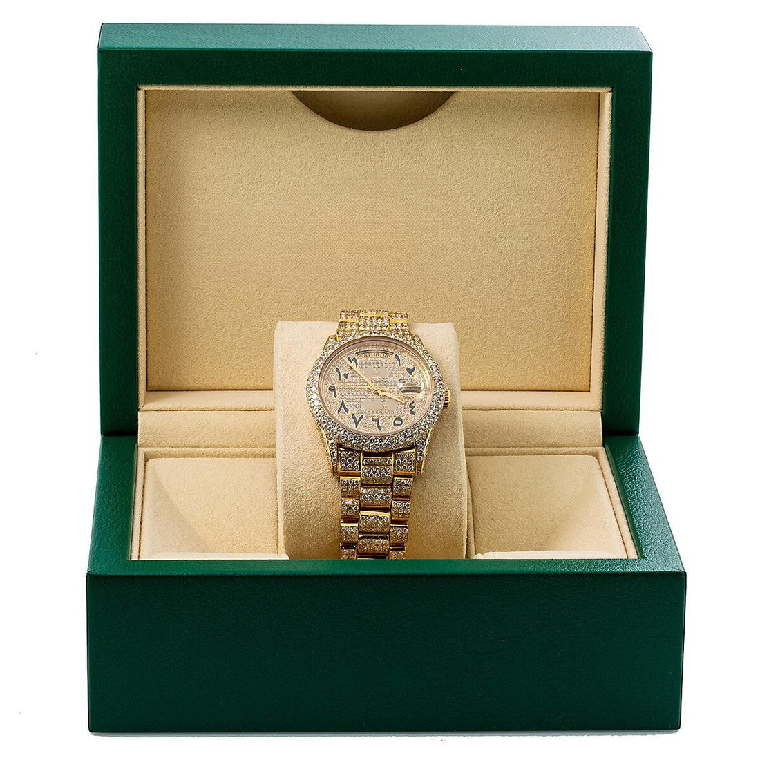 Silver Moissanite Watch 36mm Champagne Custom Arabic Diamond Dial With 15.75 CT Diamonds