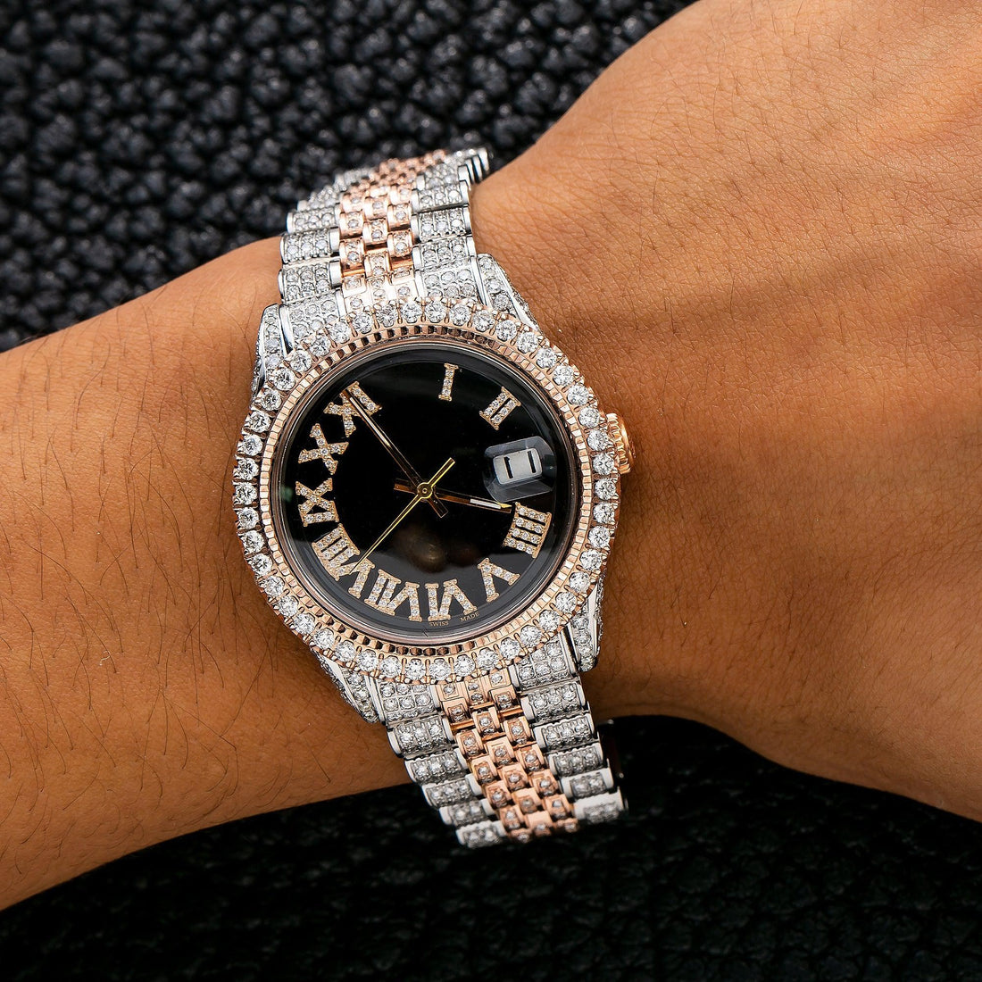 Moissanite Pulse Watch 36MM Black Diamond Dial With Diamond Two Tone Jubilee Bracelet