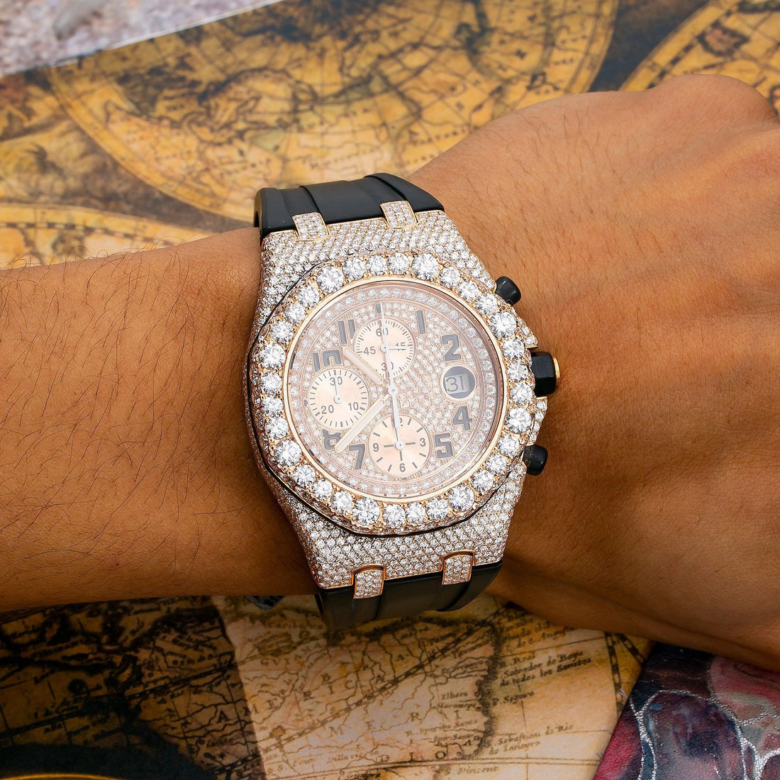 Next Level Moissanite Watch 42MM Rose Gold Diamond Dial With Rubber Bracelet