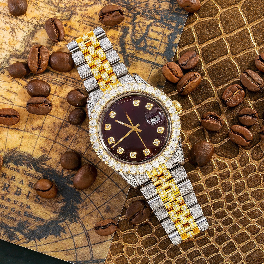 Bold Design Moissanite Watch 36MM Burgundy Diamond Dial With Two Tone Bracelet