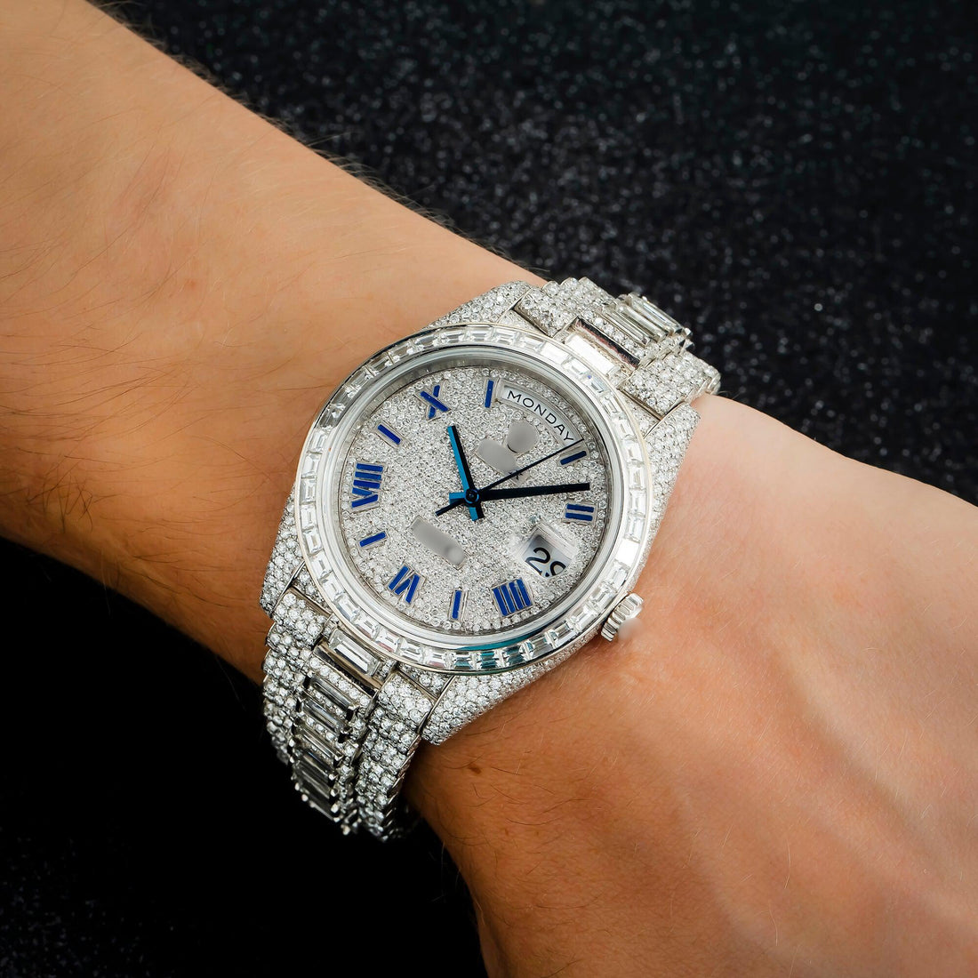 Moissanite Watch for Daily & Party Wear 40MM Diamond Dial And Bezel With Baguette Diamond Presidential Bracelet