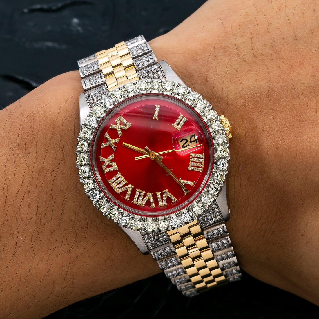 Moissanite Glow Watch 36MM Red Diamond Roman Numeral Dial With Two Tone Diamond Jubilee Bracelet