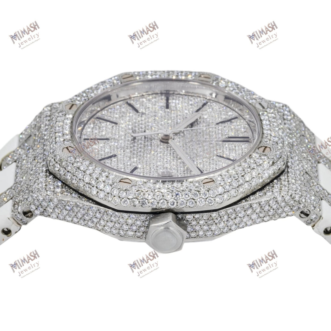Aqua Chrono Moissanite Diamond Watch 37MM Diamond Dial And Bezel With White Rubber Bracelet