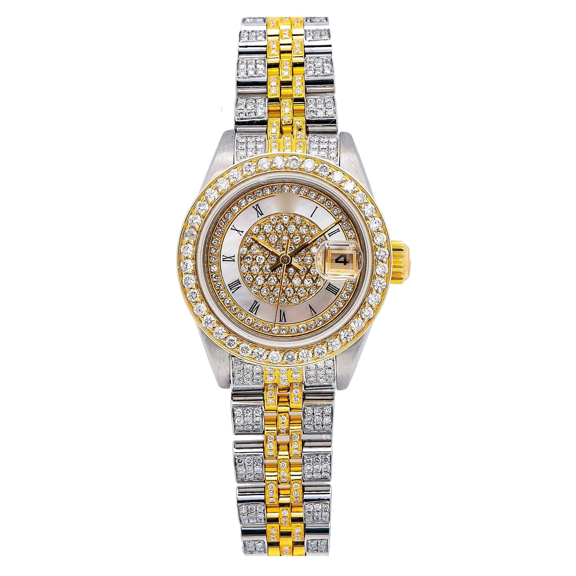 Clean Cut Moissanite Watch 26MM Yellow Gold Mother of Pearl Diamond Dial With 5.25 CT Diamonds