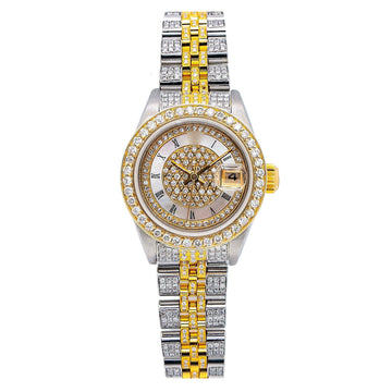 Clean Cut Moissanite Watch 26MM Yellow Gold Mother of Pearl Diamond Dial With 5.25 CT Diamonds