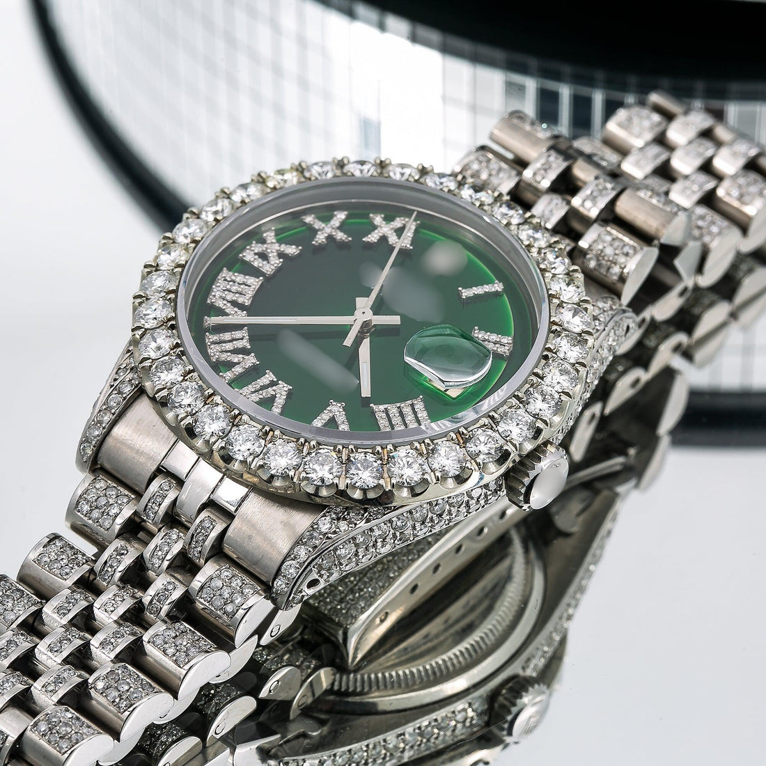 Real Sparkle Moissanite Watch 36MM Green Diamond Dial And Jubilee Bracelet With 8.25 CT Diamonds