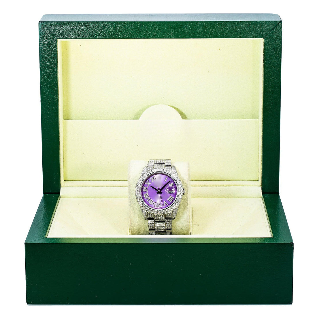 24K Look Moissanite Watch 36MM Violet Diamond Dial With Stainless Steel Oyster Bracelet