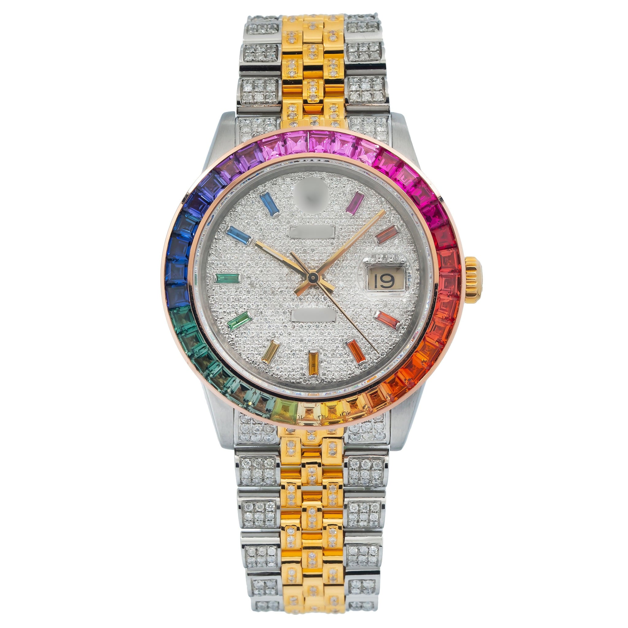 Luxury Gold Plated Moissanite Watch 36MM Rainbow Diamond Dial With Two-Tone Jubilee Bracelet
