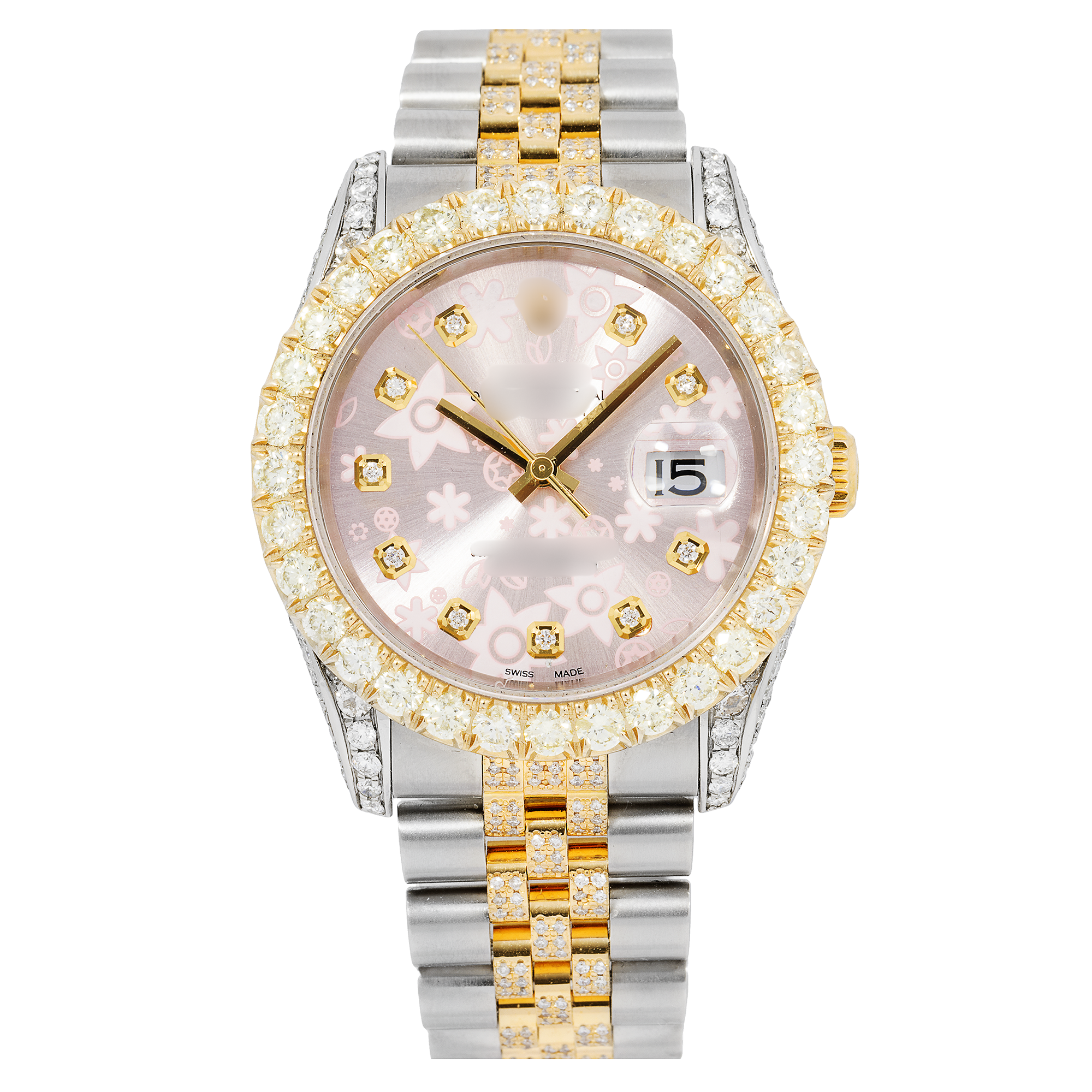 MOISSANITE BLING WATCH FOR MEN & WOMEN 36MM PINK FLOWER DIAMOND DIAL WITH TWO TONE JUBILEE DIAMOND BRACELET