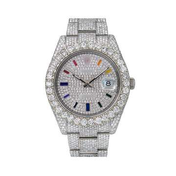 Unisex Moissanite Iced Out Watch 41mm Rainbow Custom Diamond Dial With 22.75 CT Diamonds Flower Setting