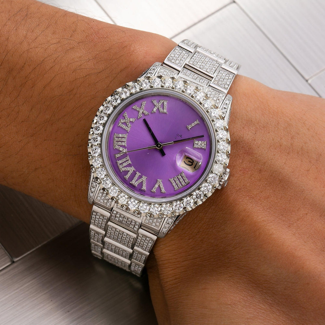 Dream Shine Moissanite Watch 36MM Purple Diamond Dial With 9.25 CT Diamonds