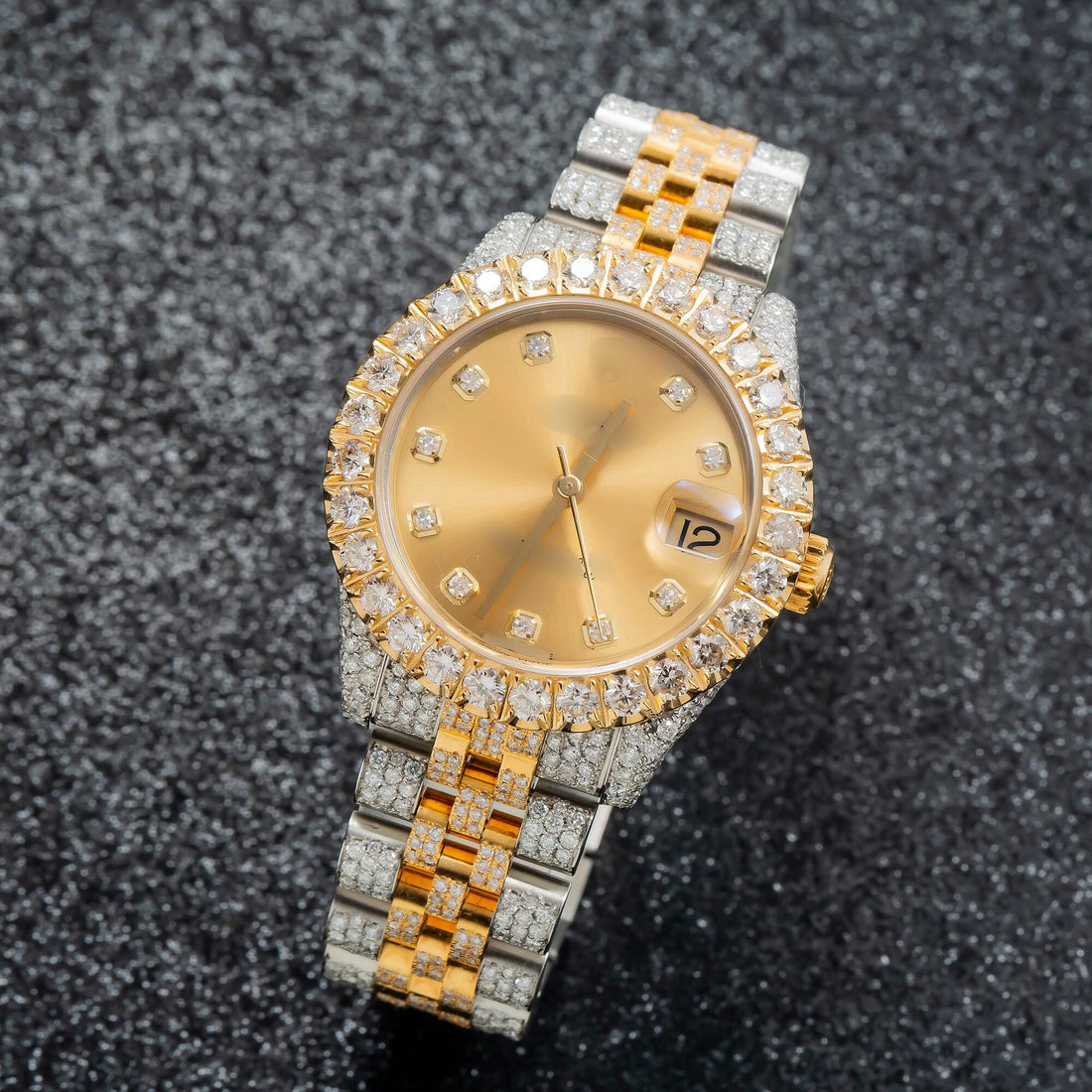 Elegant Men’s Watch with Moissanite Sparkle 31MM Champagne Diamond Dial And Bezel With Two Tone Jubilee Bracelet 8.45 CT