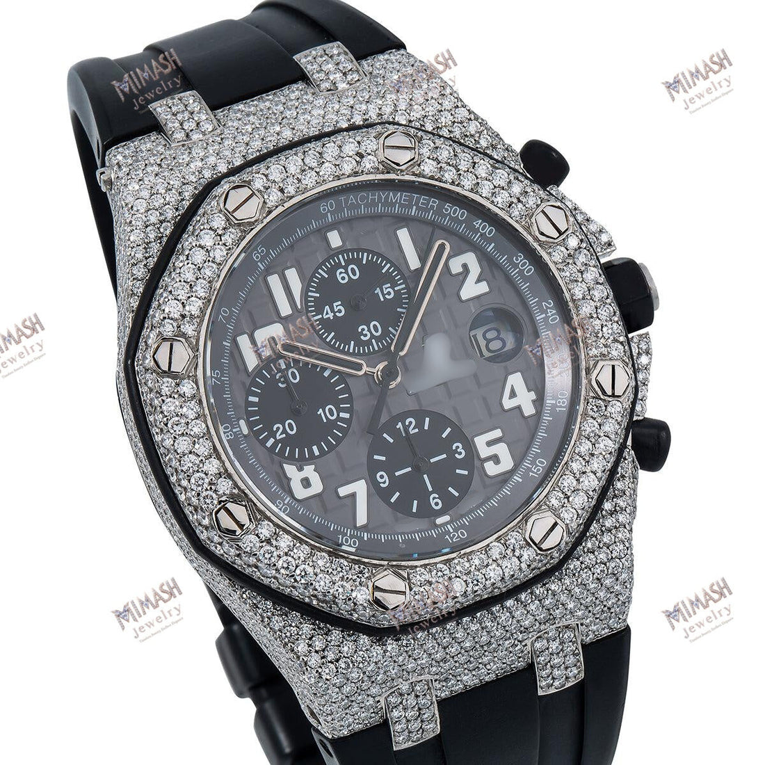 Moissanite Watch for Him 42MM Black Dial With 11.55 CT Diamonds