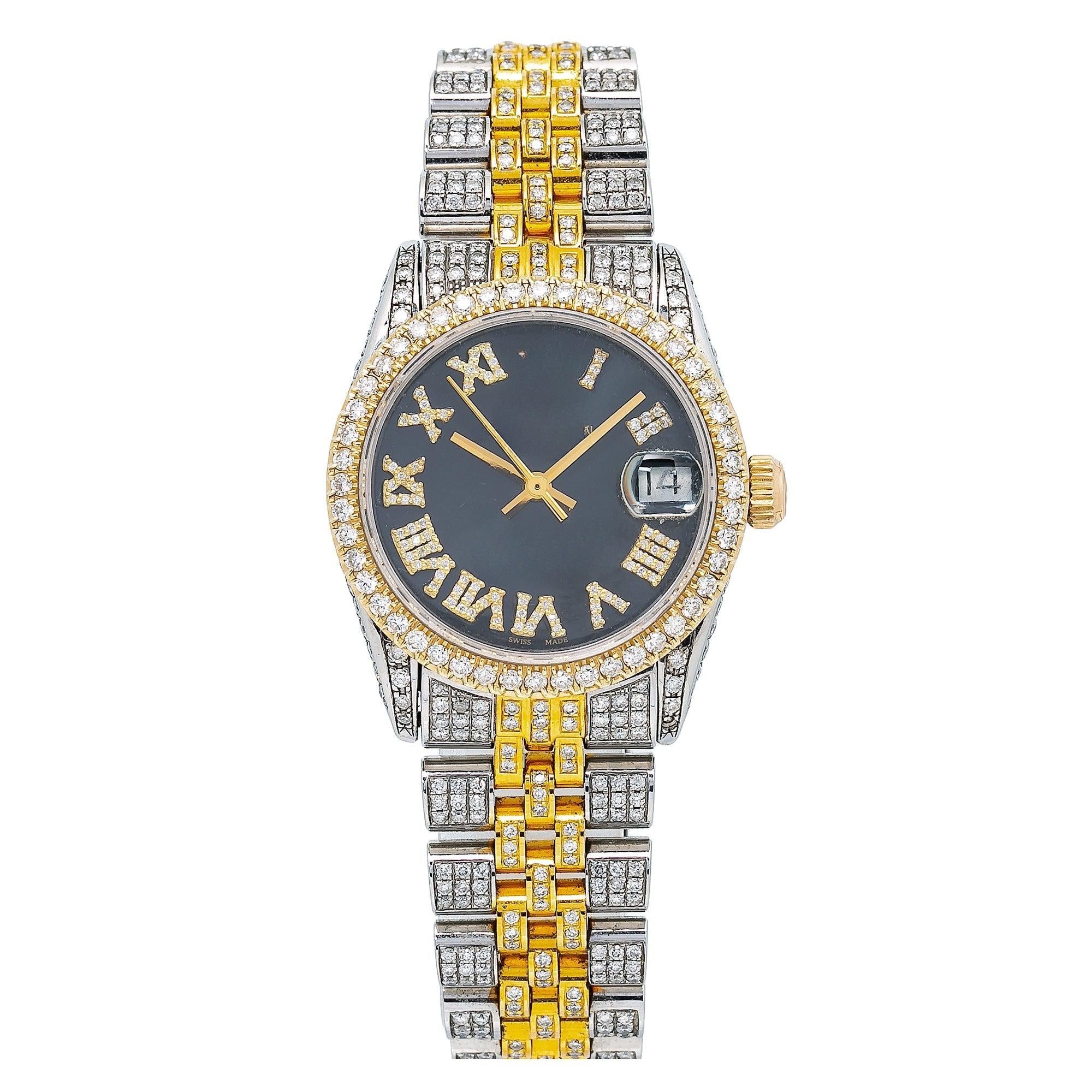 Unisex Moissanite Iced Out Watch  31MM Black Diamond Dial With Two Tone Bracelet
