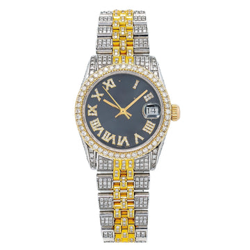 Unisex Moissanite Iced Out Watch  31MM Black Diamond Dial With Two Tone Bracelet