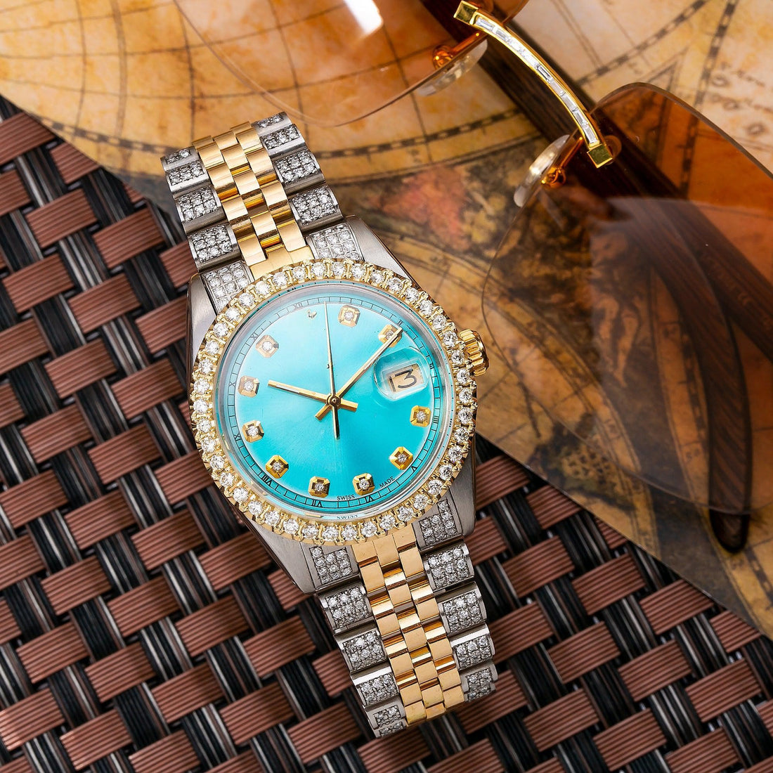 Luxury Moissanite Diamond Watch for Men 36MM Blue Diamond Dial With Two Tone Bracelet