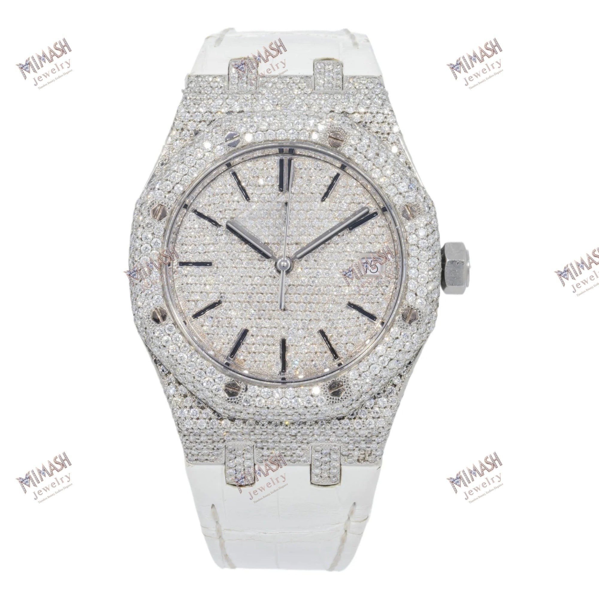 Aqua Chrono Moissanite Diamond Watch 37MM Diamond Dial And Bezel With White Rubber Bracelet