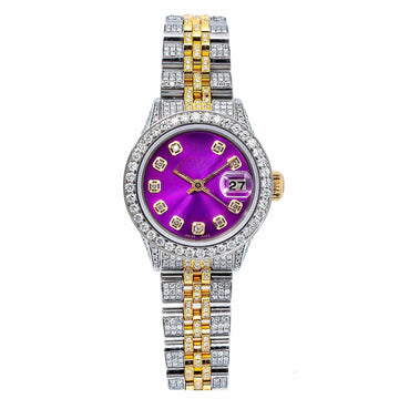 Trendy Moissanite Watch 26MM Purple Diamond Dial With Two Tone Bracelet