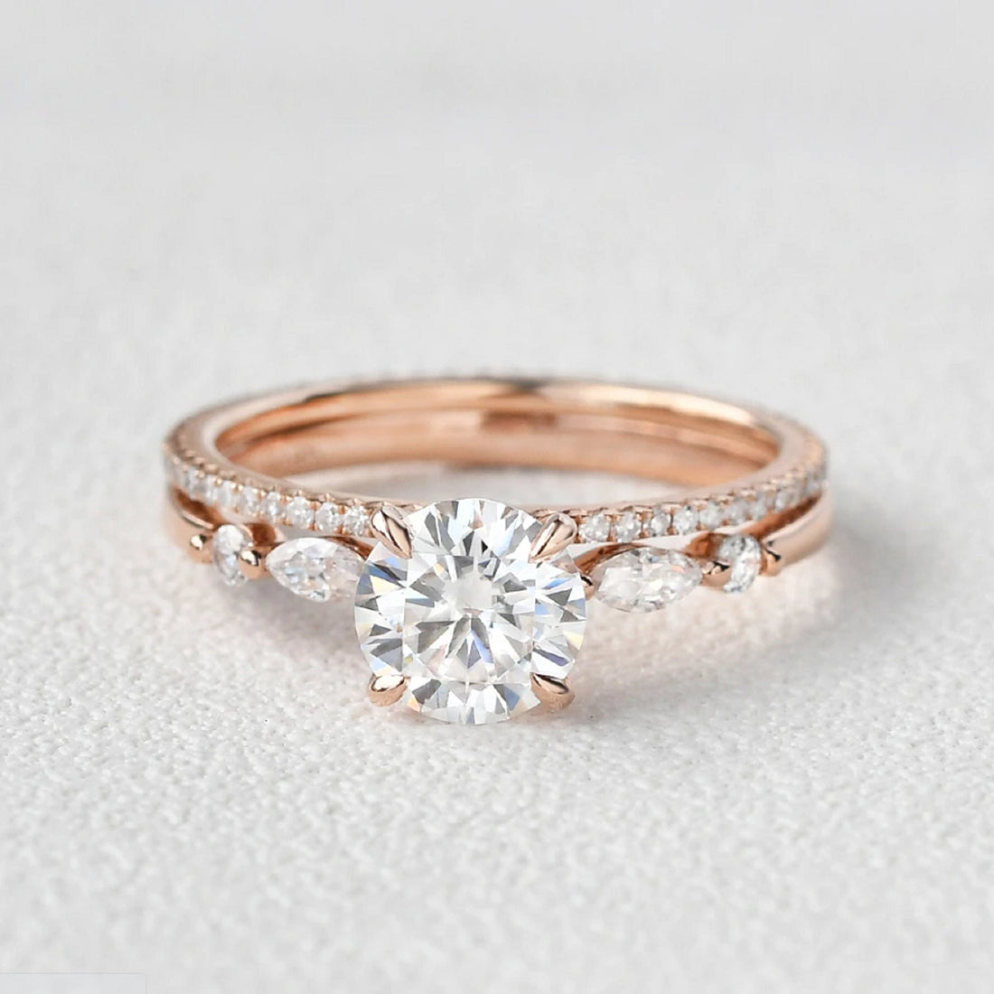 Round Moissanite Unique Round Pave Ring Set