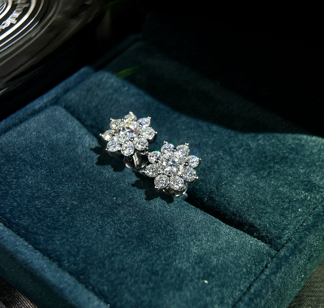 Round Moissanite Earring Studs/Flower Stud Earrings/Real 14k White Gold Earrings/Art Deco Studs Earrings/Floral Cluster Moissanite Earrings