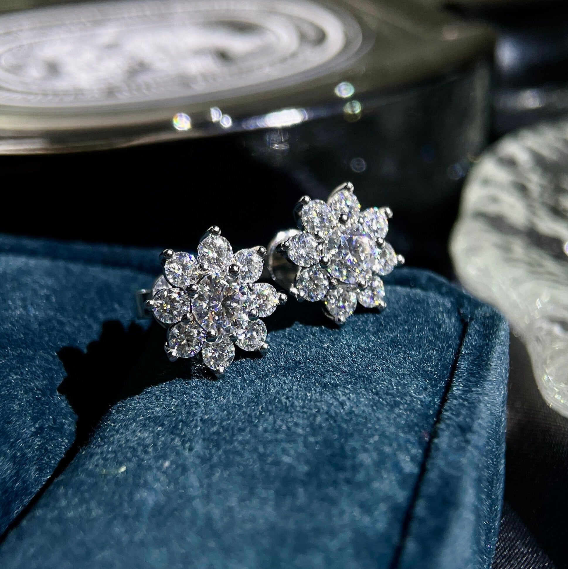 Round Moissanite Earring Studs/Flower Stud Earrings/Real 14k White Gold Earrings/Art Deco Studs Earrings/Floral Cluster Moissanite Earrings