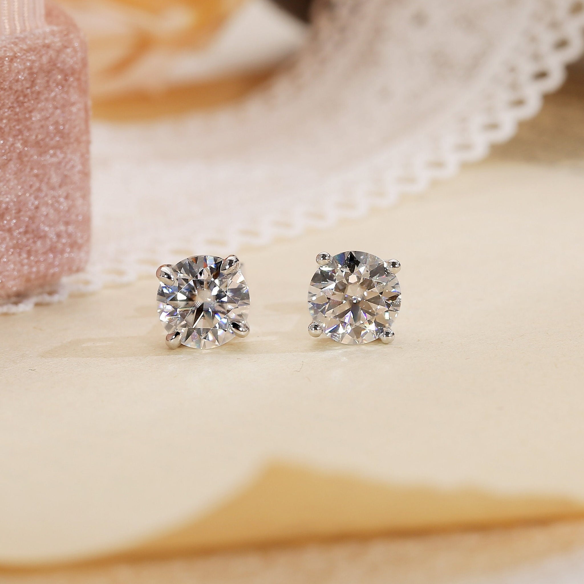 Solid Gold Round Cut Moissanite Earrings Stud for Woman, Valentine's Day / Anniversary / Birthday Gift for Girl, Wife, Girlfriend