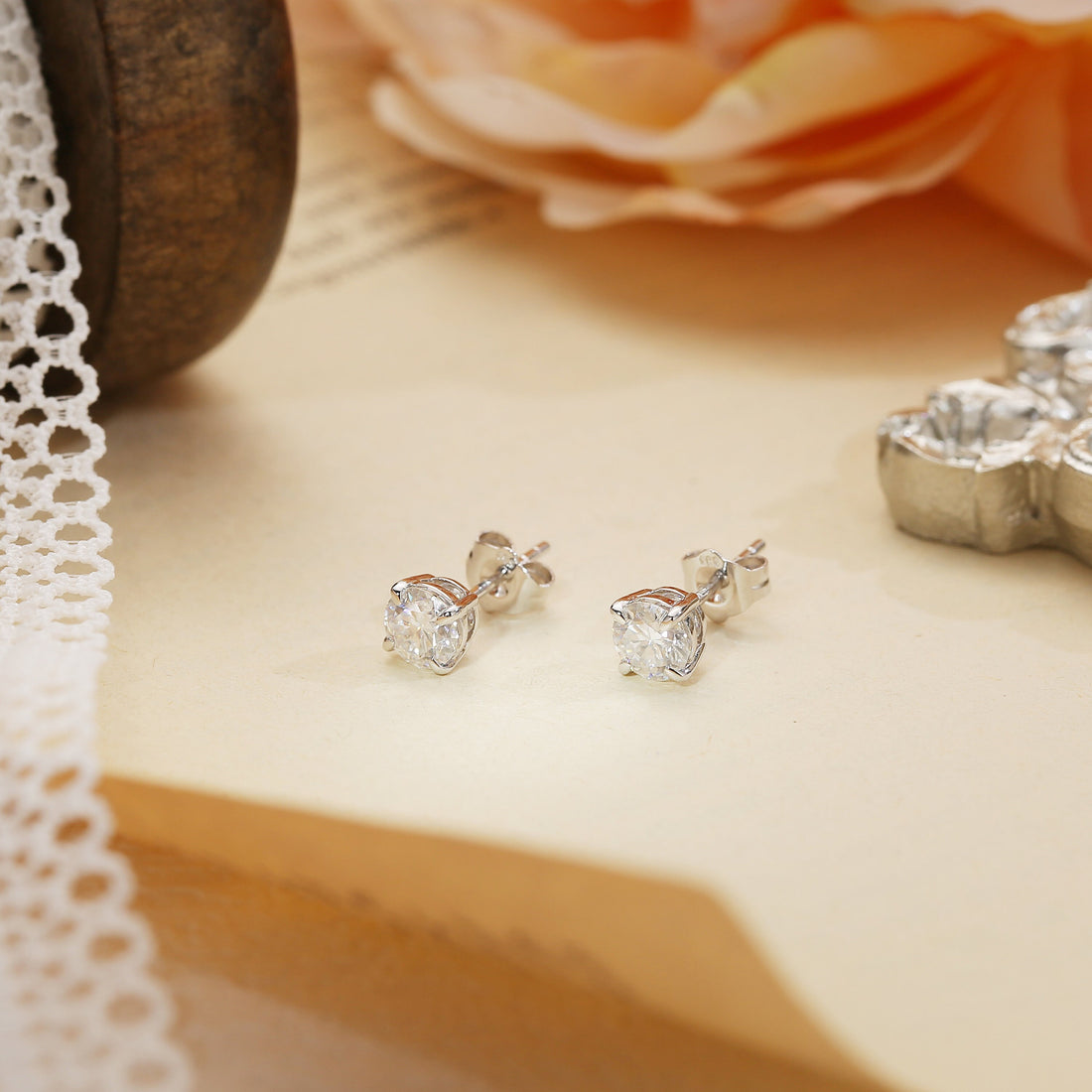 Round Cut Moissanite Earrings Stud/Real 14K White Gold Moissanite Stud/1ct+1ct Earrings/Gemstone Studs/Classic 4 Prongs Round Earrings Studs