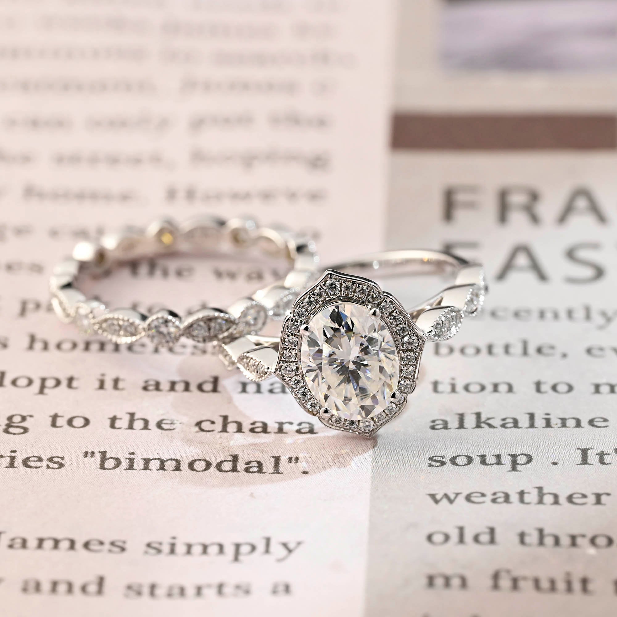 Oval Cut Halo Milgrain Moissanite Promise Handmade Bridal Ring Set for Women