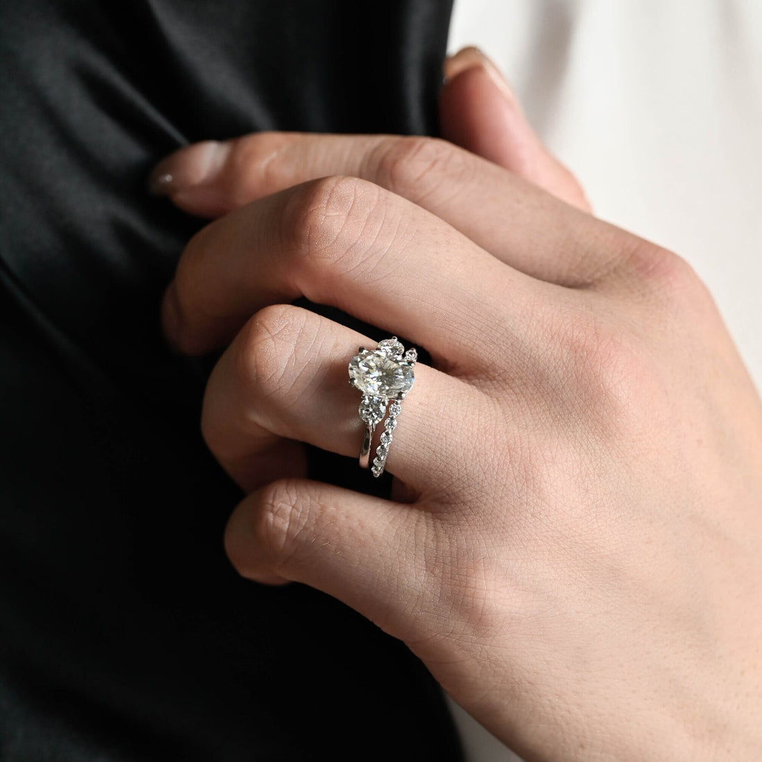Oval Cut Three Stone Round Solid Gold Promise Handmade Bridal Ring Set