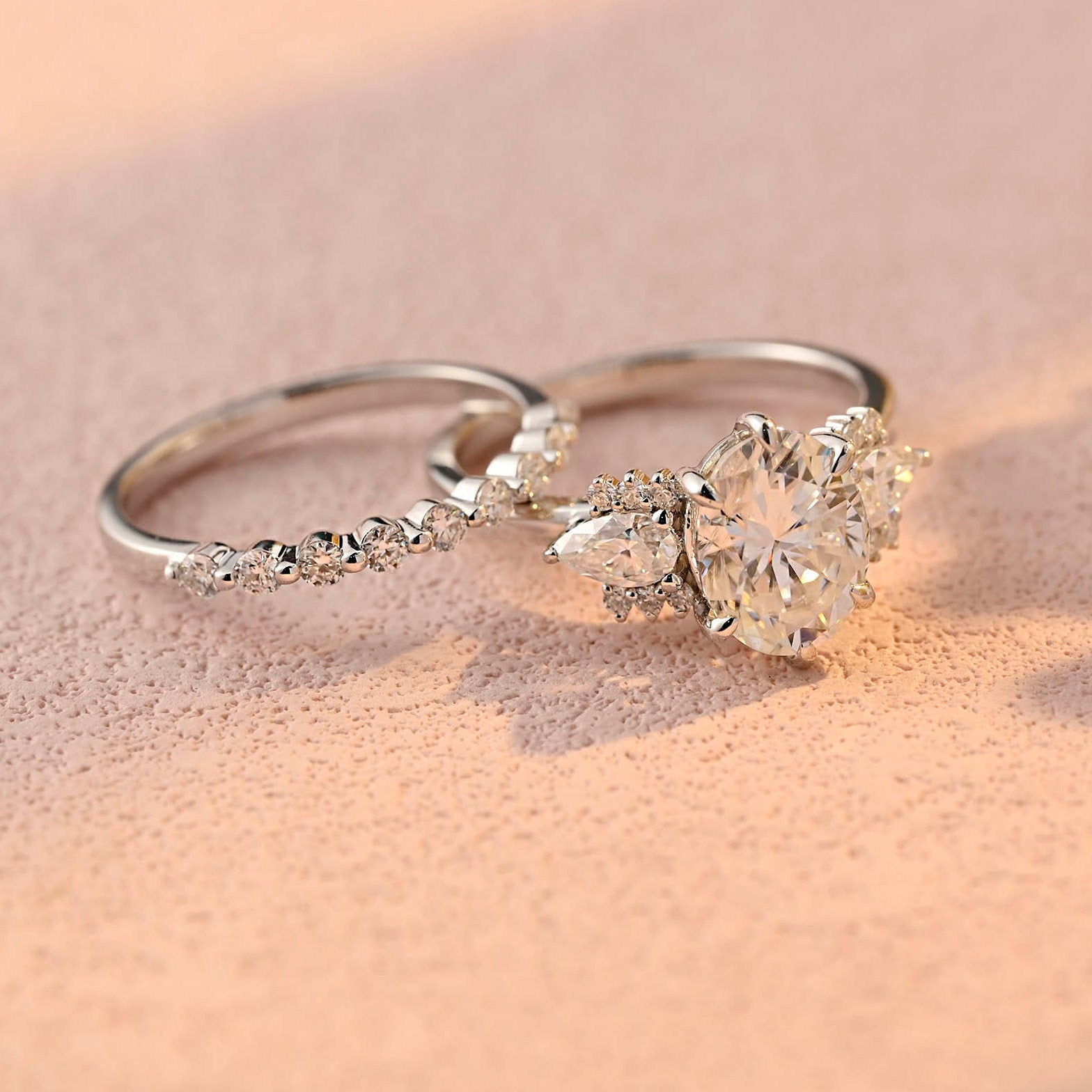 Oval Pear Cut Moissanite Ring Set, Round Moissanite Engagement Bridal Set, Anniversary Gift,Wedding Ring Set, Valentine‘s Day Gift for Woman