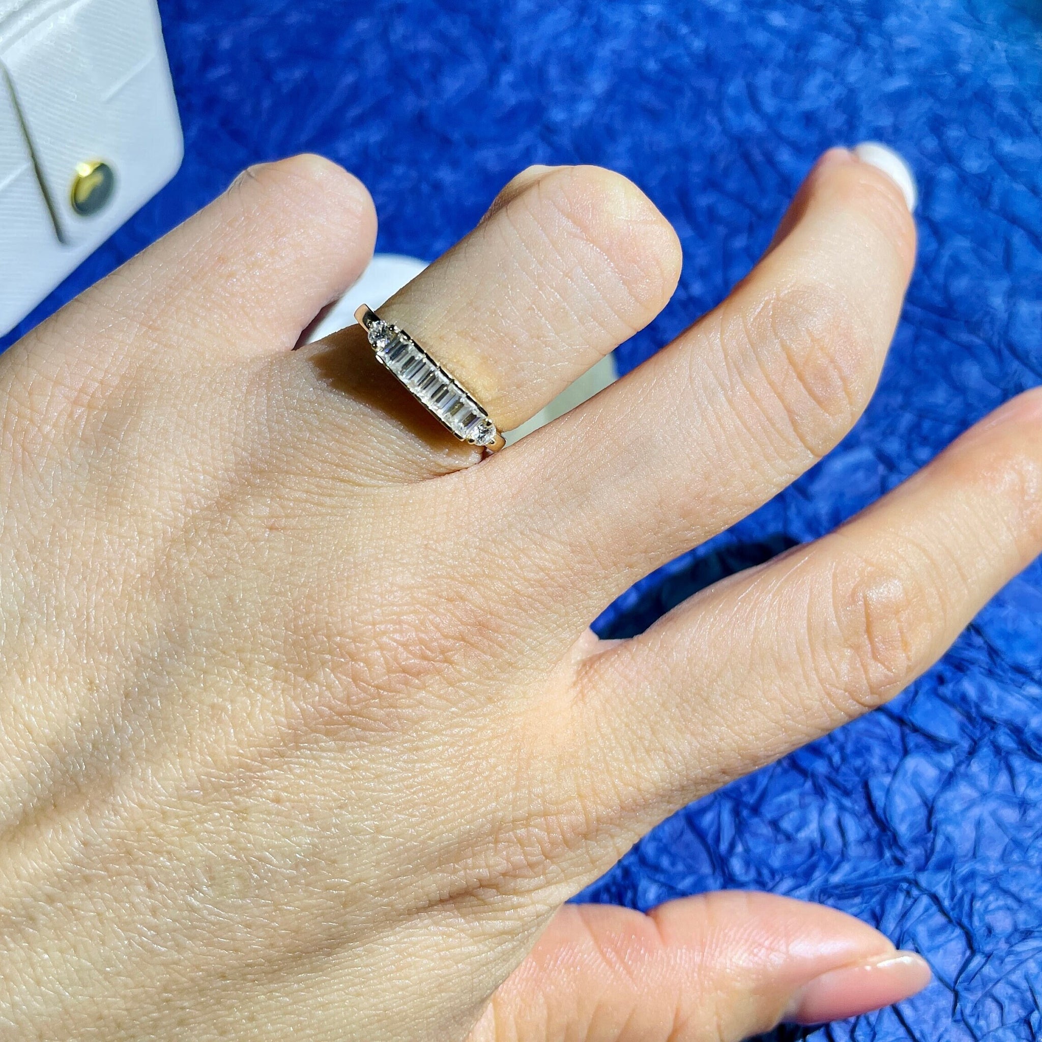 Solid Gold Baguette and Round Moissanite Wedding Band