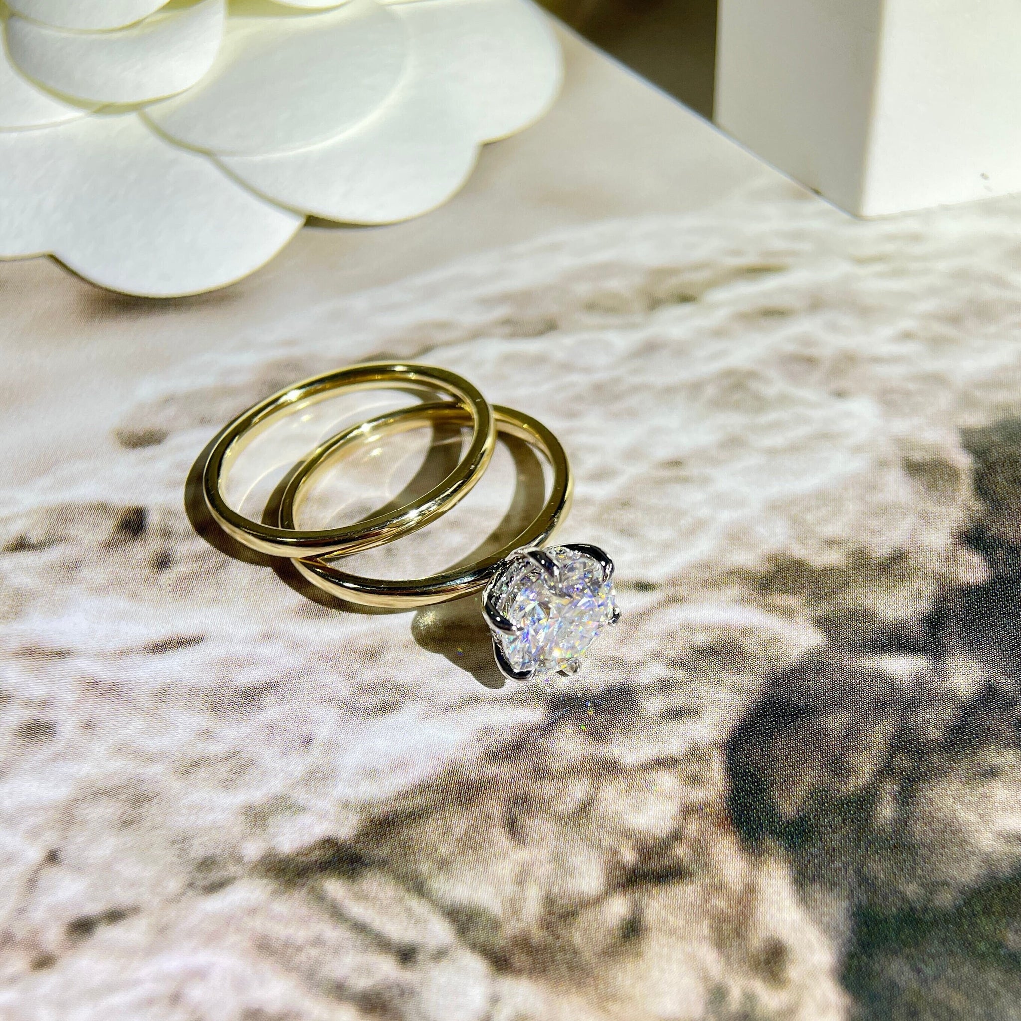 Round Cut Moissanite Engagement Ring Set/Plain Band, Hidden Halo Wedding Ring, 9K/14K/18K Solid Gold Bridal Set, Birthday Gift for Woman