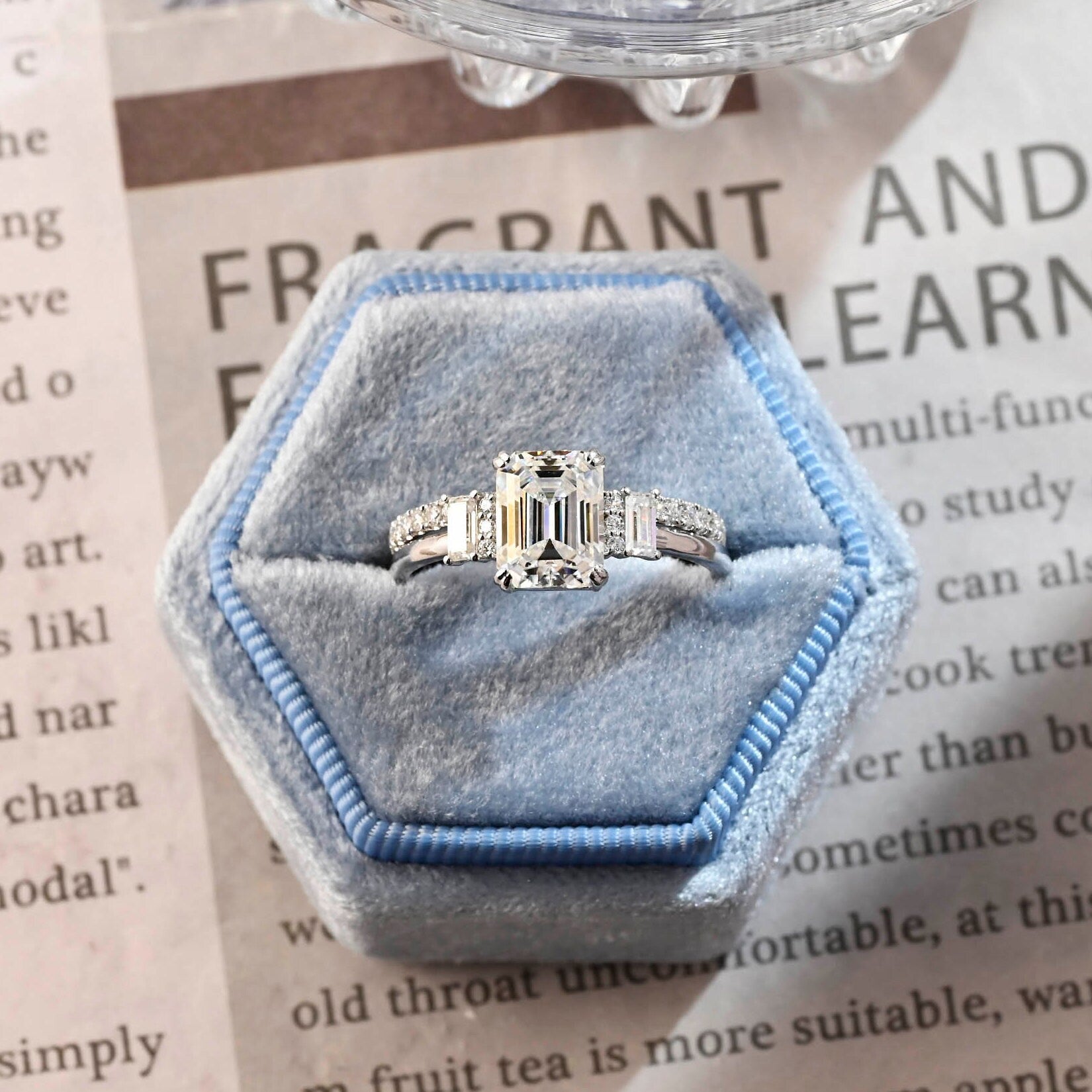 Emerald/Baguette Solid Gold Moissanite Promise Ring Set for Women