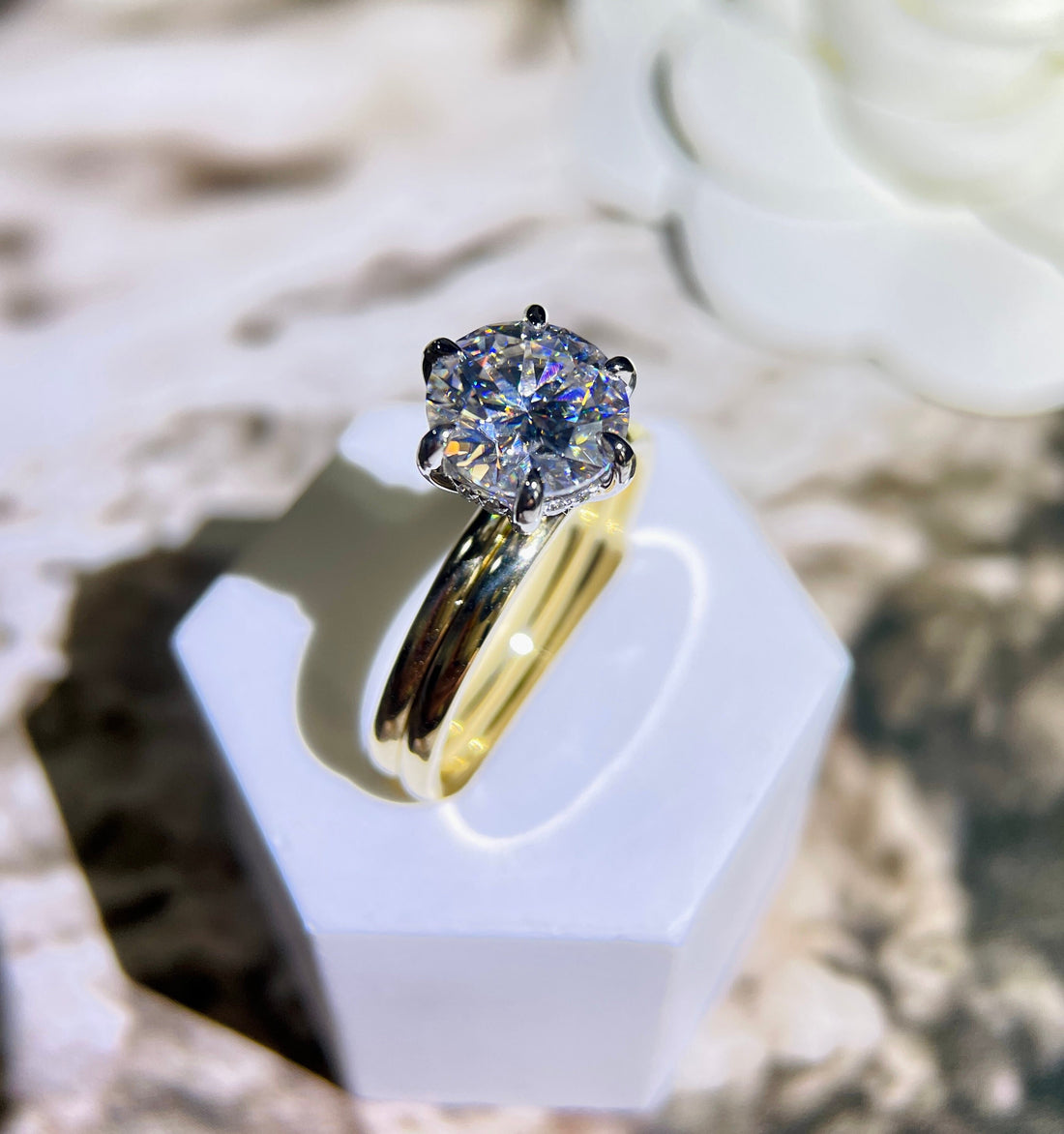 Round Cut Moissanite Engagement Ring Set/Plain Band, Hidden Halo Wedding Ring, 9K/14K/18K Solid Gold Bridal Set, Birthday Gift for Woman