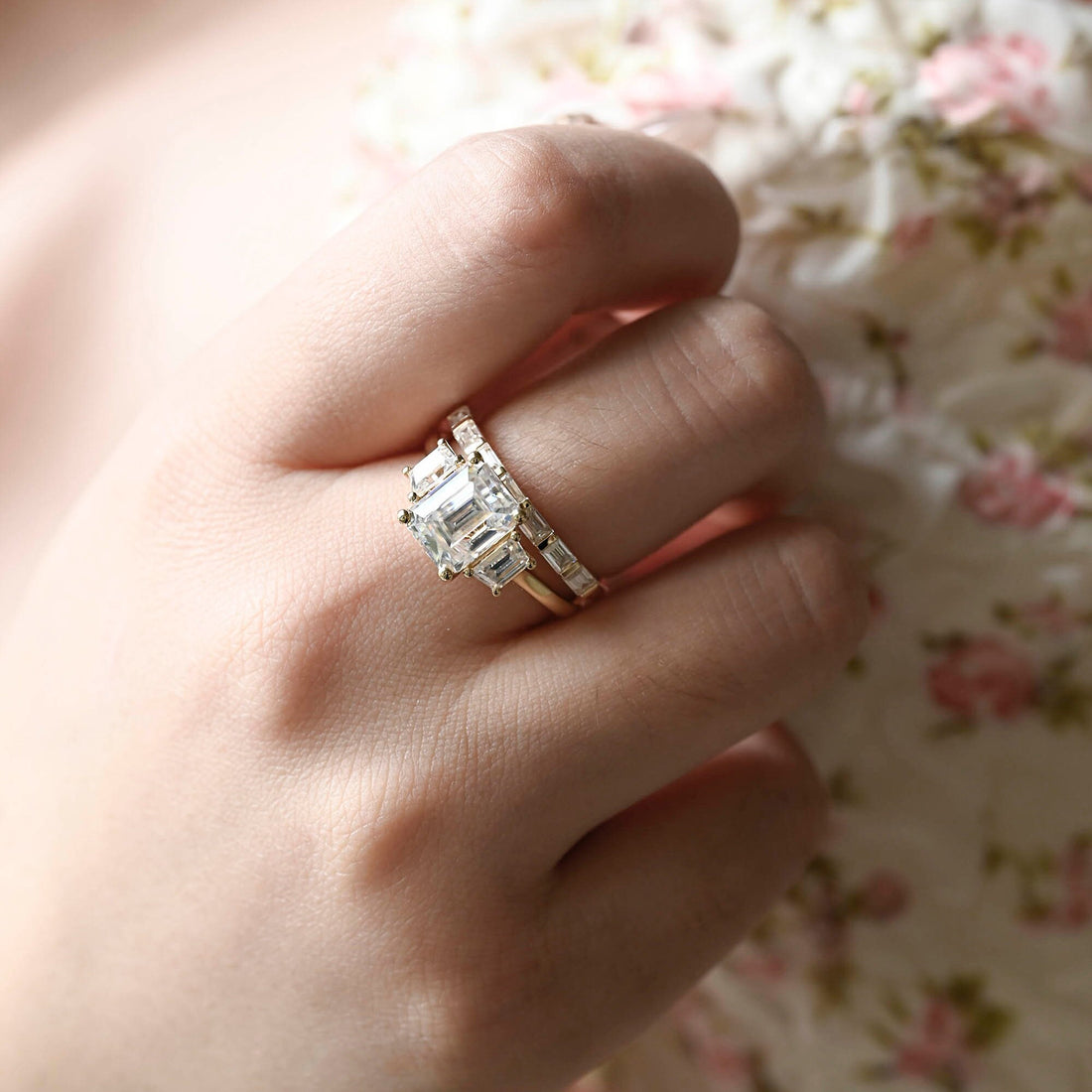 Solid Gold Emerald Cut Moissanite Engagement Ring and Wedding Ring Set, Three Stones Bridal Ring Set, Anniversary / Birthday Gift for Women