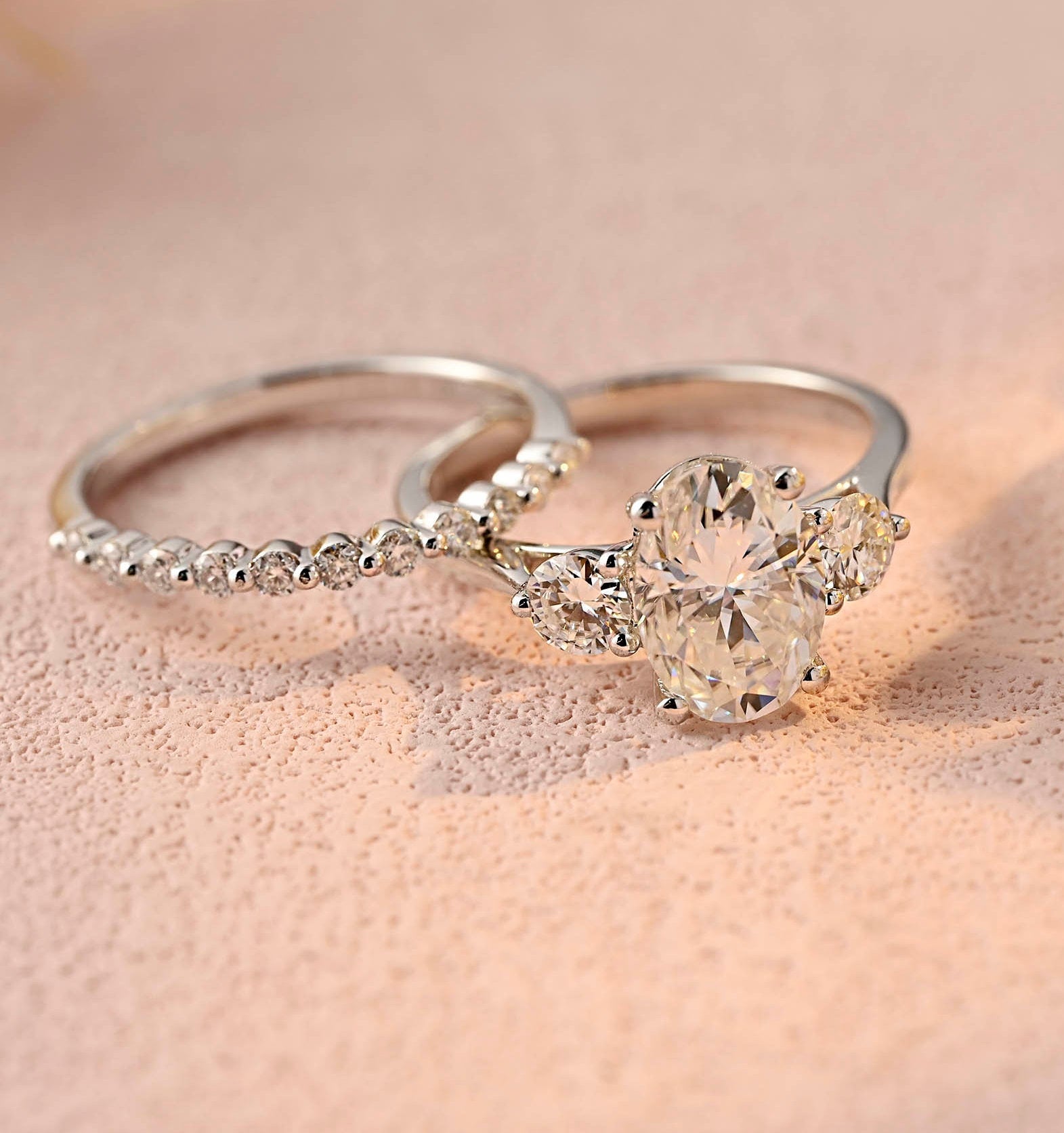 Oval Three Stone Moissanite Round Pave Wedding Band