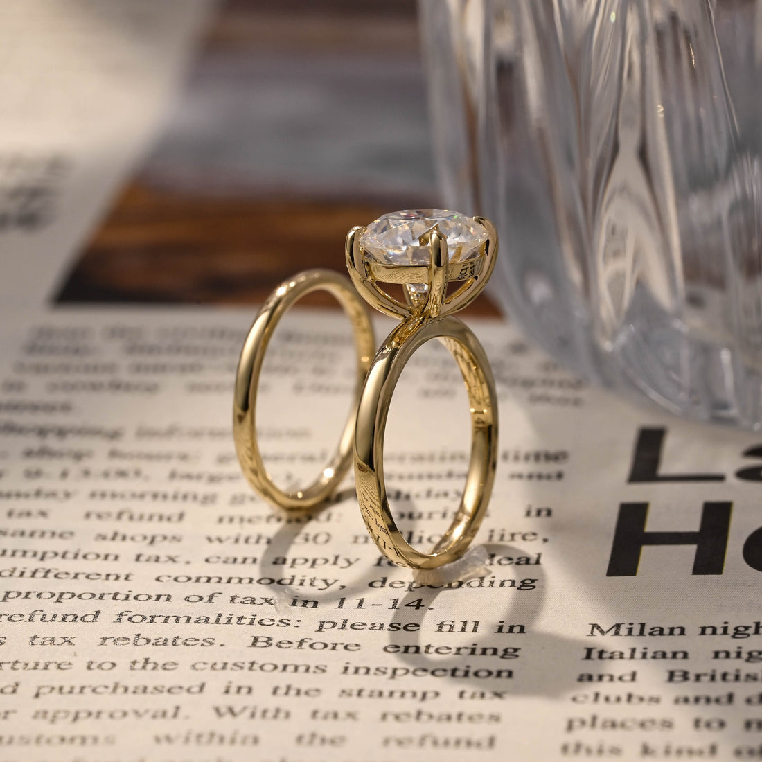 Old European Round Cut Solid Gold Plain Band Moissanite Bridal Ring Set For Women
