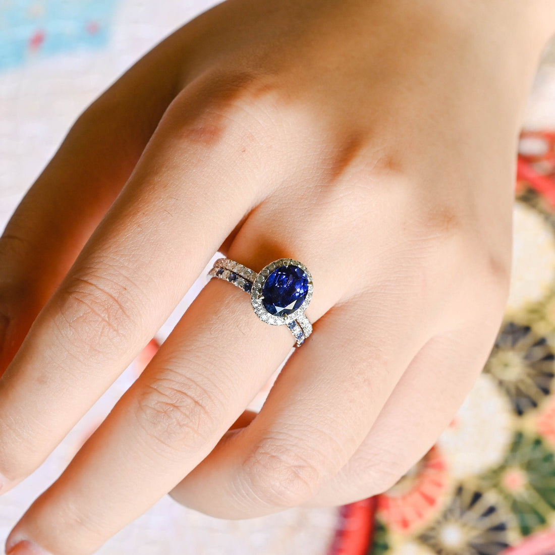 Sapphire Oval Cut Paved Halo Moissanite Engagement Bridal Ring Set