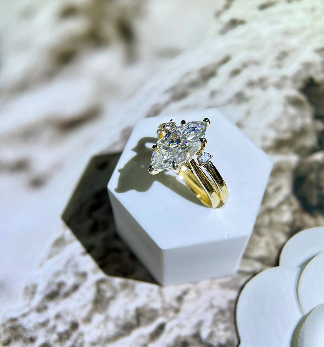 Solitaire Marquise Cut Moissanite Engagement Ring Set, Anniversary Gift for Woman, 14K Solid Gold Bridal Set, Minimalist Promise Wedding Set