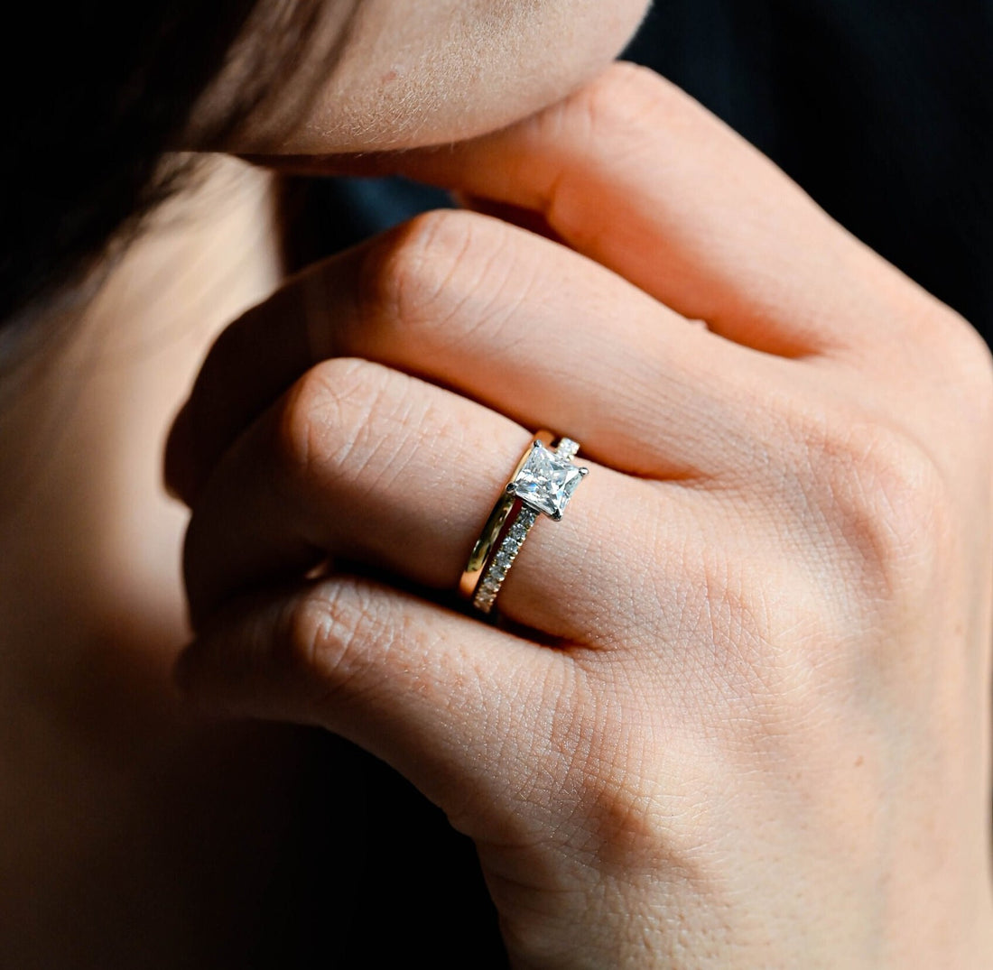 Two Tone Princess Cut Solid Gold Plain Band Moissanite Engagement