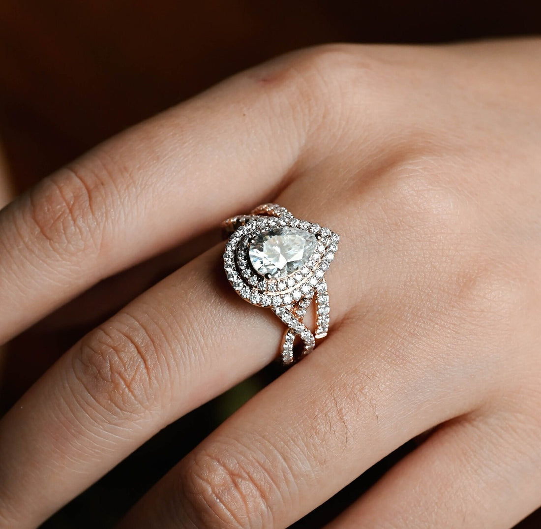 Cross/Twist Shank Pear Cut Double Halo Moissanite Engagement Ring Set