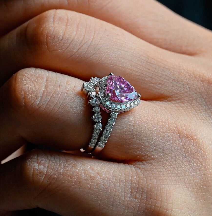 Heart Cut Pink Moissanite Solid Gold Heart Shaped Vintage Style Wedding Ring
